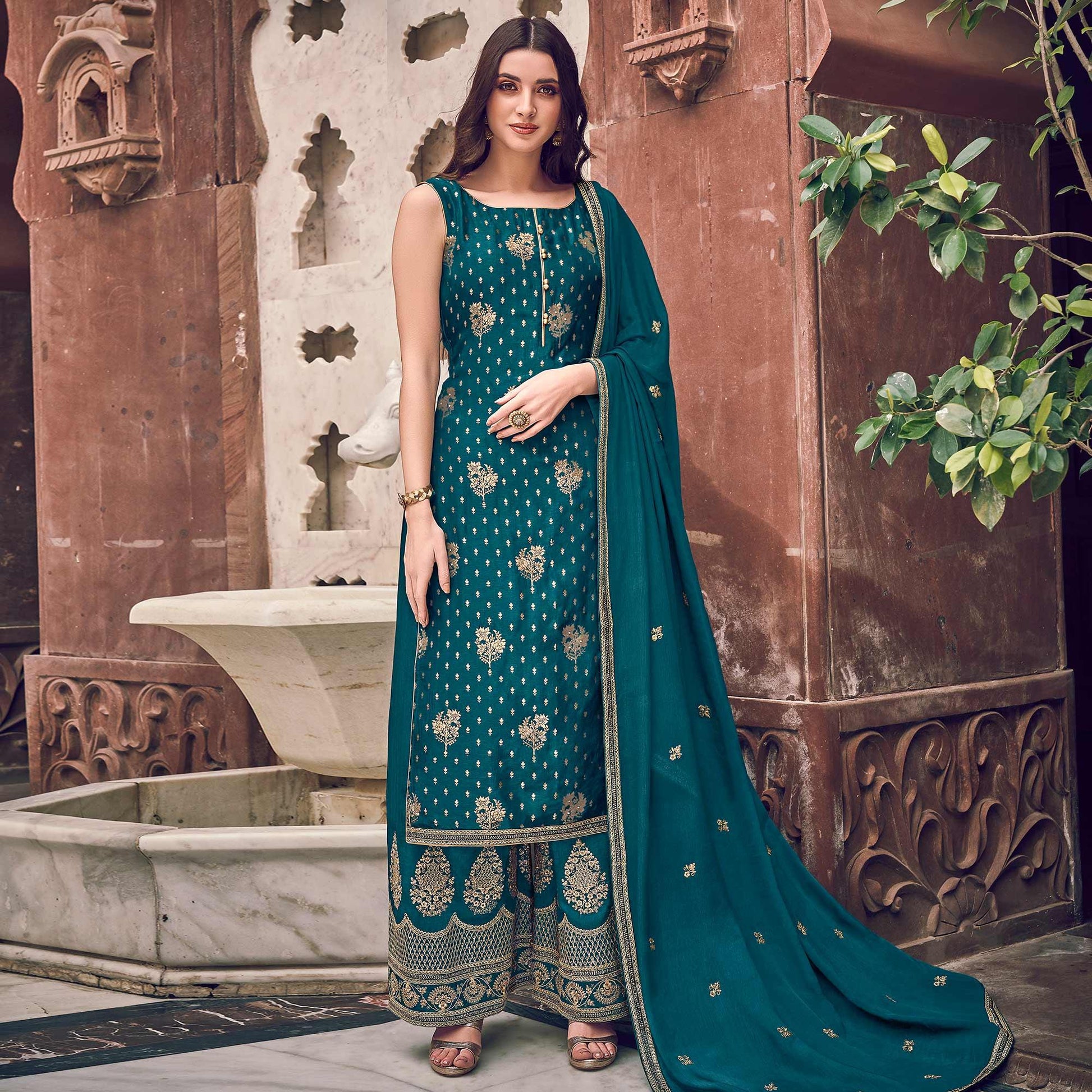 Desirable Rama Colored Partywear Embroidered Pure Dola Jacquard Palazzo Suit
