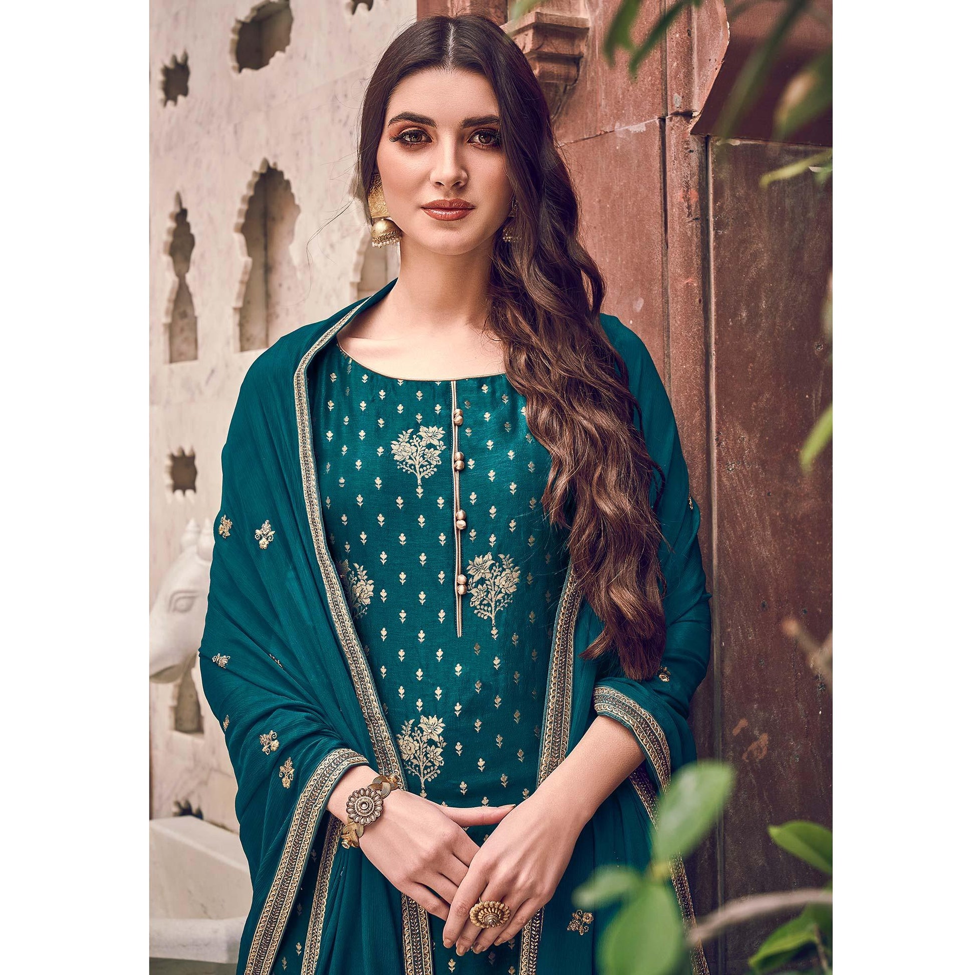 Desirable Rama Colored Partywear Embroidered Pure Dola Jacquard Palazzo Suit