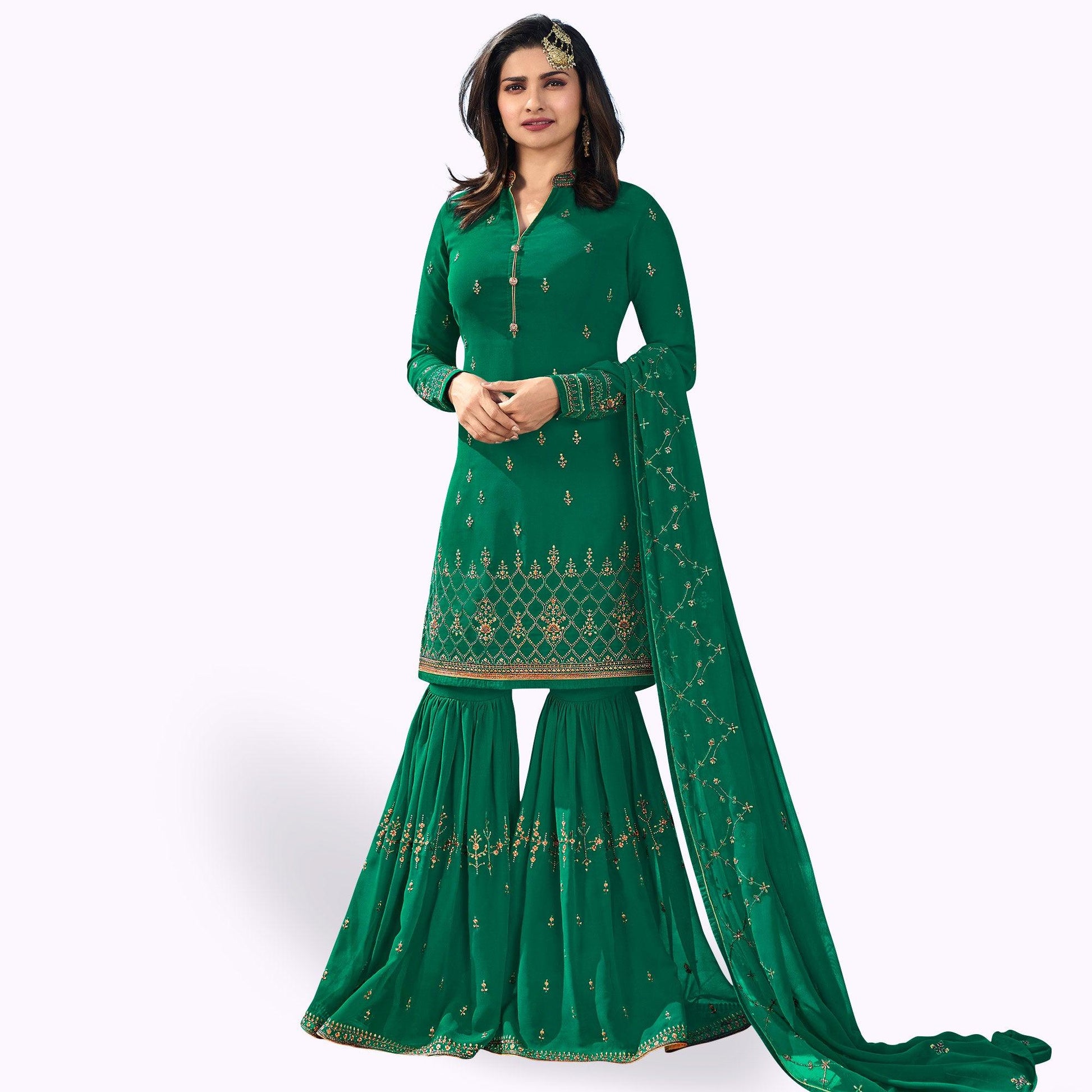 Desirable Rama Green Colored Party Wear Embroidered Georgette Palazzo Suit