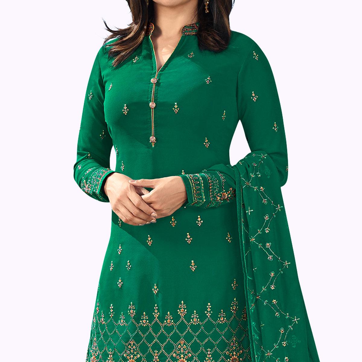 Desirable Rama Green Colored Party Wear Embroidered Georgette Palazzo Suit