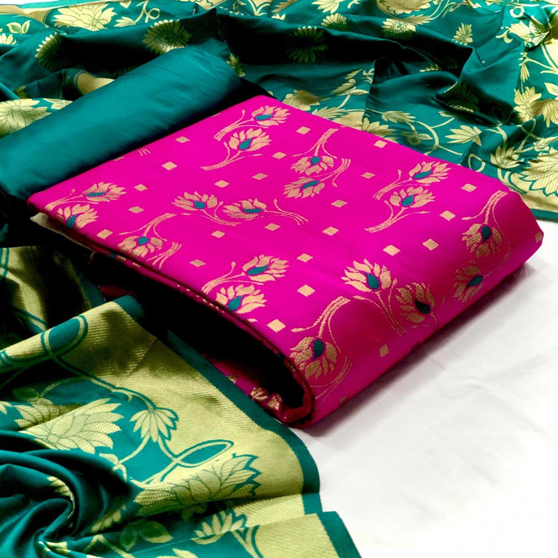 Desirable Rani Pink Colored Casual Wear Woven Banarasi Silk Dress Material