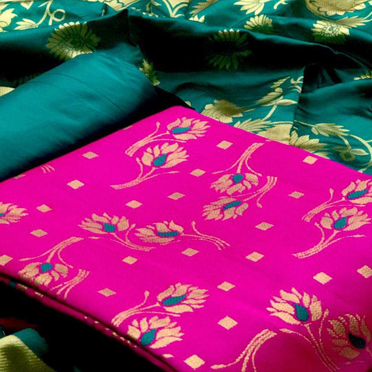 Desirable Rani Pink Colored Casual Wear Woven Banarasi Silk Dress Material
