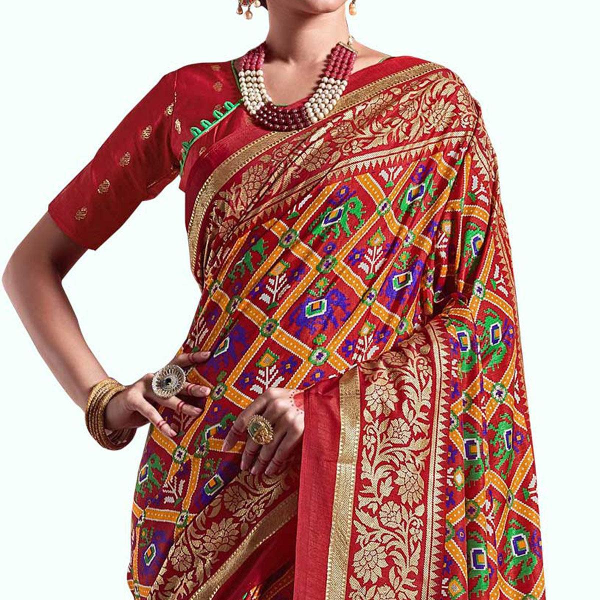 Desirable Red Colored Festive Wear Printed Kanjivaram Silk Saree