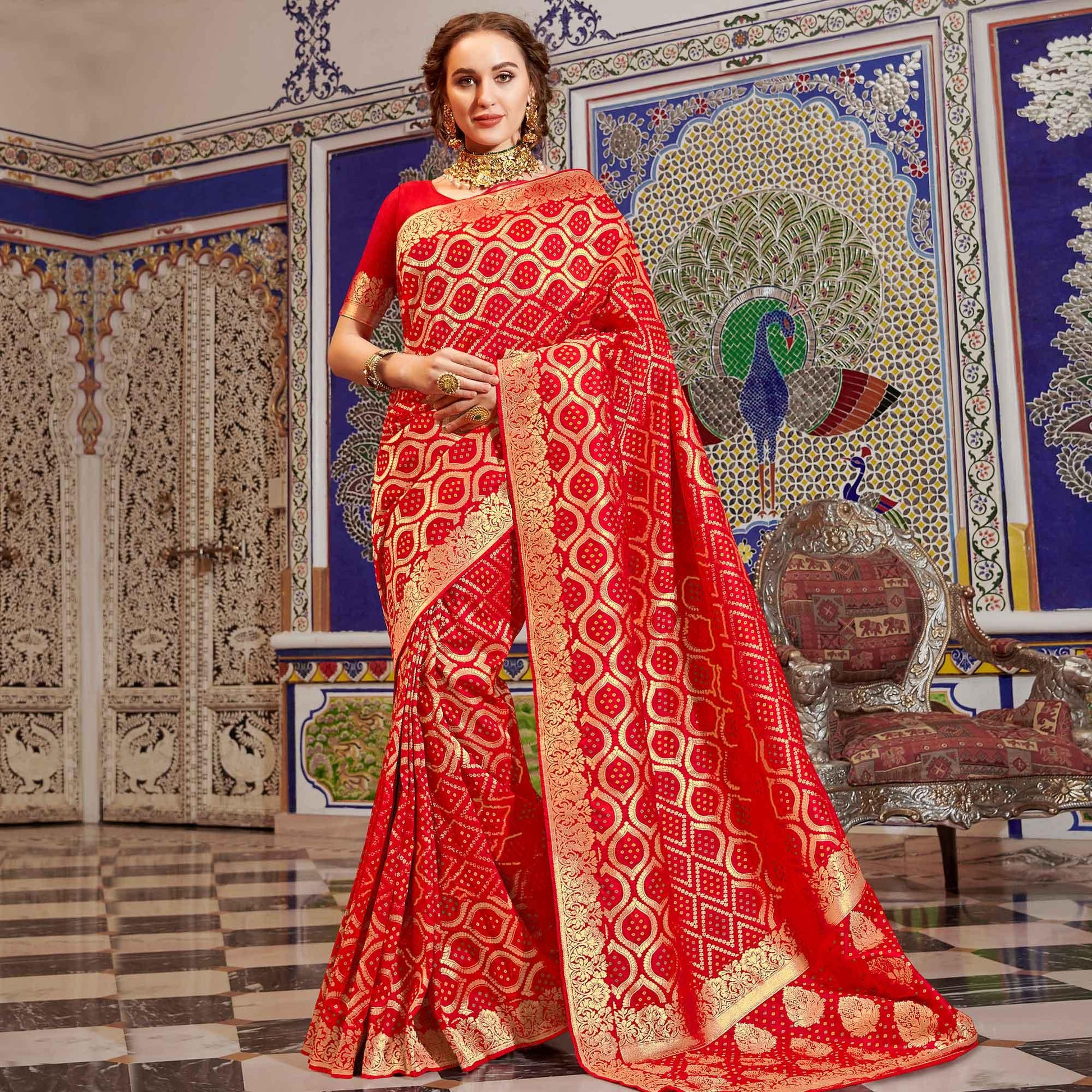 Desirable Red Colored Festive Wear Woven Handloom Silk Saree