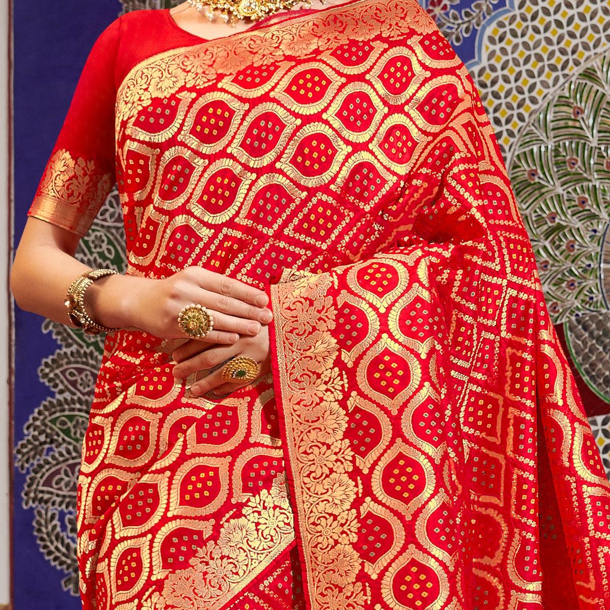 Desirable Red Colored Festive Wear Woven Handloom Silk Saree