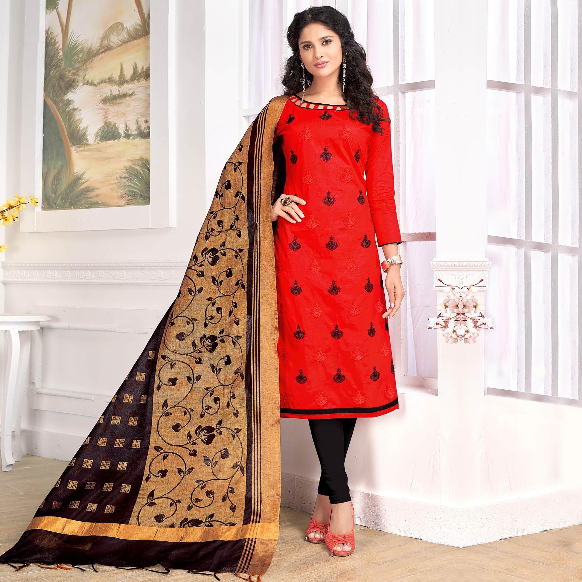 Desirable Red Colored Party Wear Embroidered Cotton Salwar Suit