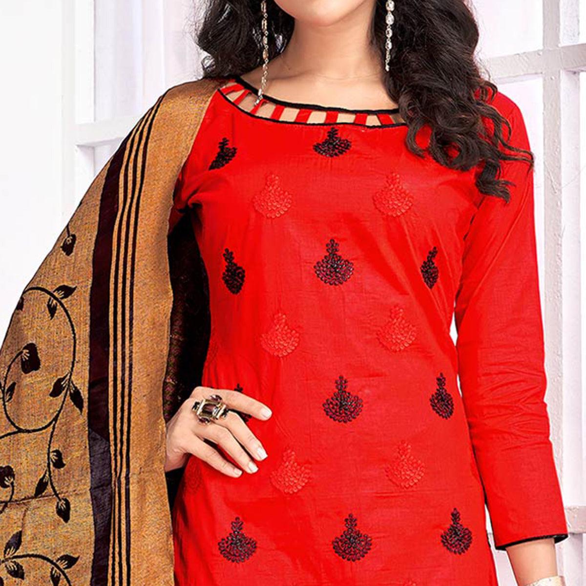 Desirable Red Colored Party Wear Embroidered Cotton Salwar Suit
