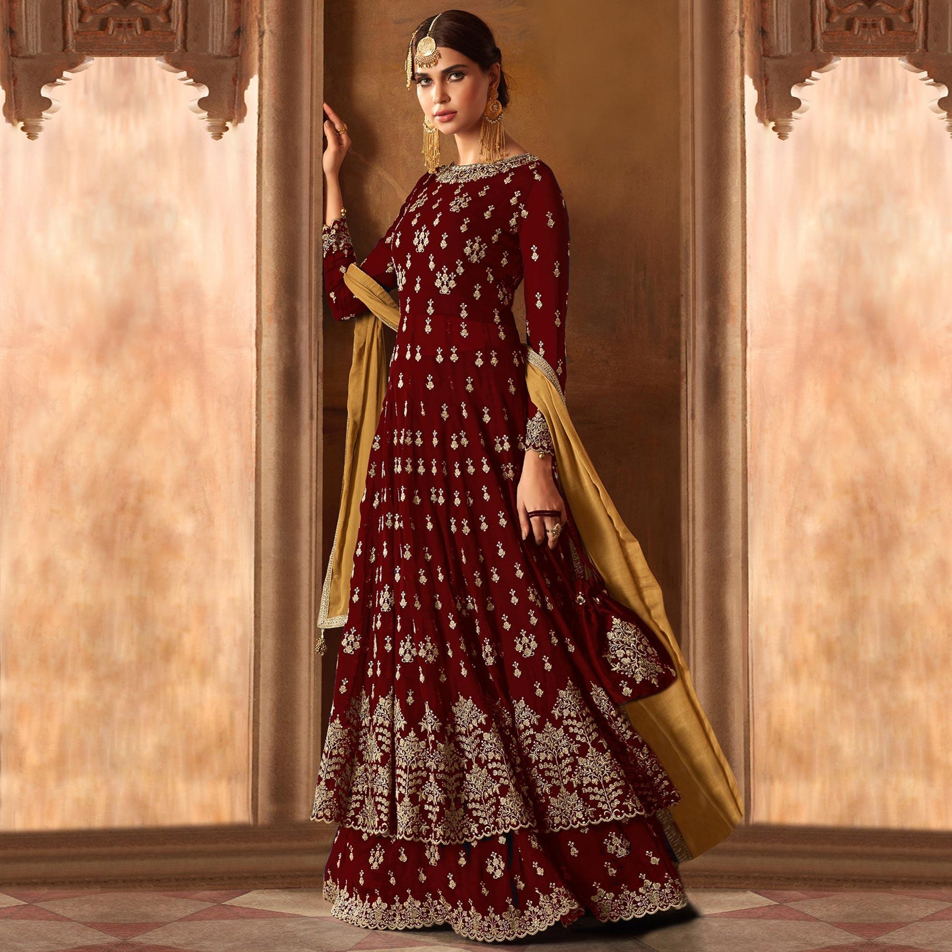 Desirable Red Colored Partywear Embroidered Georgette Lehenga Kameez