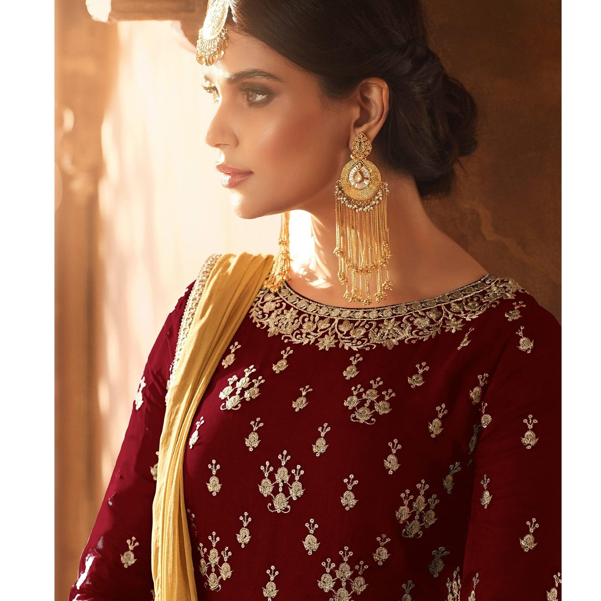 Desirable Red Colored Partywear Embroidered Georgette Lehenga Kameez