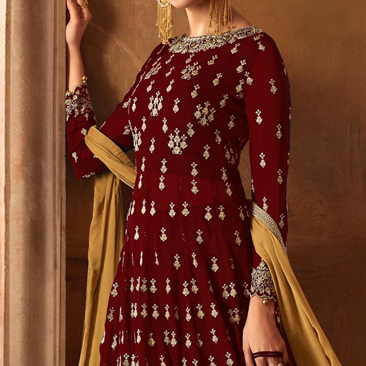 Desirable Red Colored Partywear Embroidered Georgette Lehenga Kameez