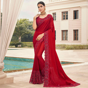 Desirable Red Coloured Partywear Embroidered Silk Saree