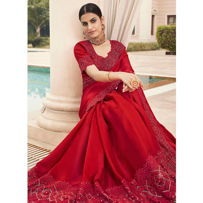 Desirable Red Coloured Partywear Embroidered Silk Saree