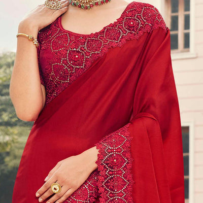 Desirable Red Coloured Partywear Embroidered Silk Saree