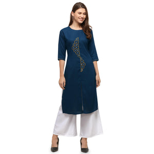 Desirable Sky Blue Colored Casual Wear Embroidered Rayon Kurti With Palazzo
