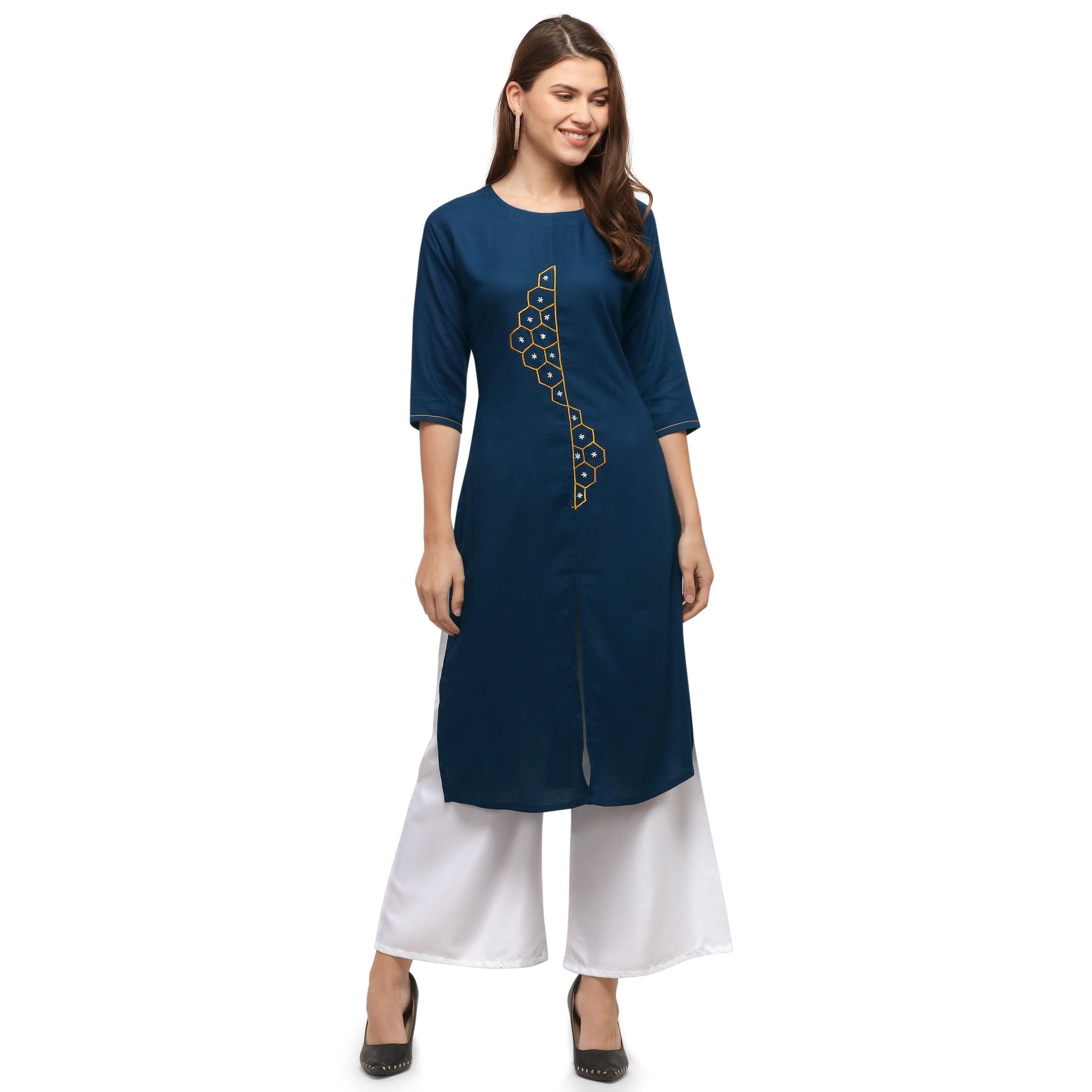 Desirable Sky Blue Colored Casual Wear Embroidered Rayon Kurti With Palazzo