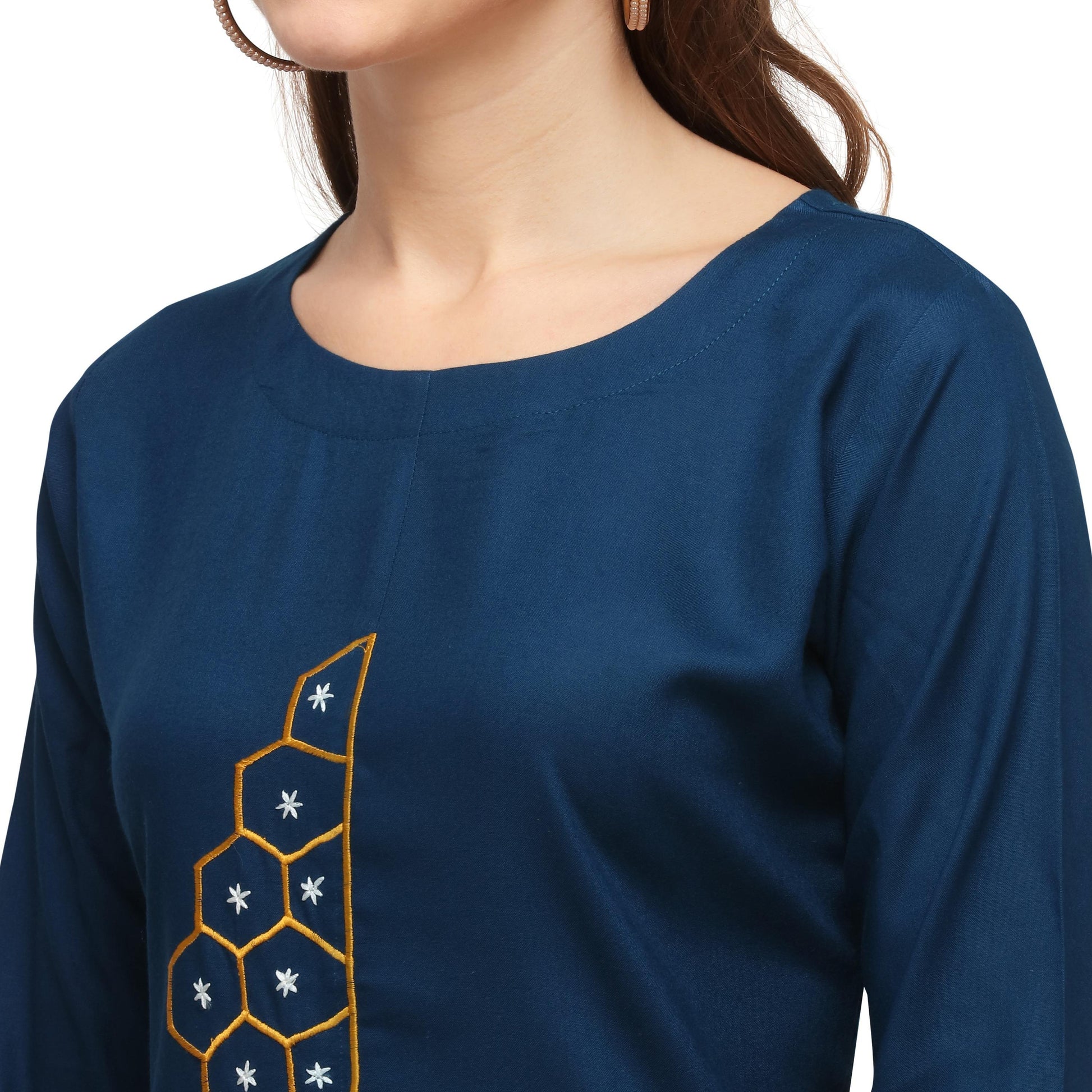 Desirable Sky Blue Colored Casual Wear Embroidered Rayon Kurti With Palazzo