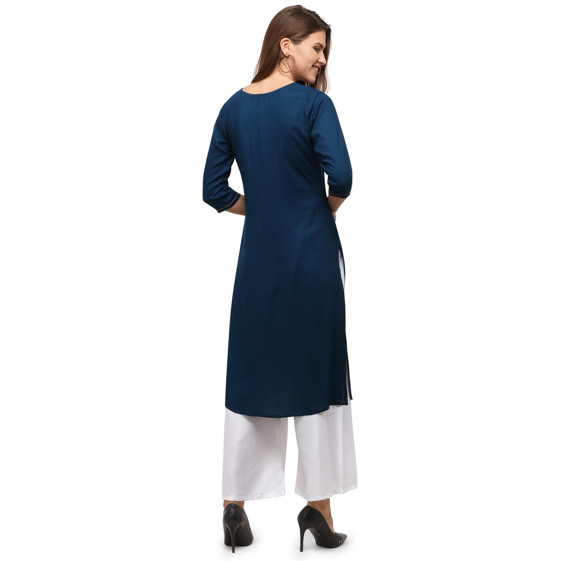 Desirable Sky Blue Colored Casual Wear Embroidered Rayon Kurti With Palazzo