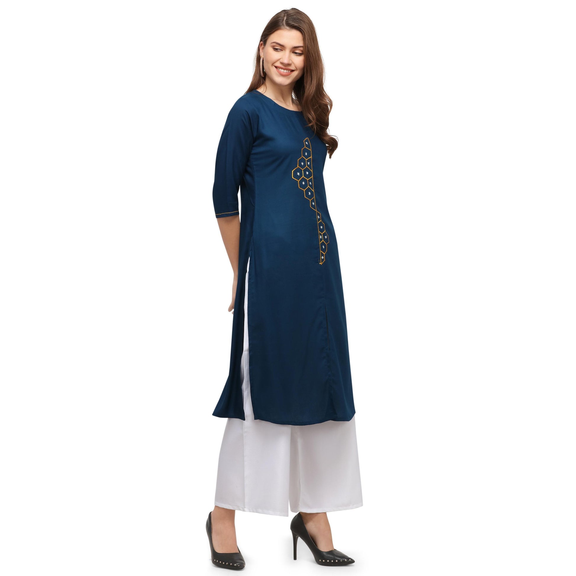 Desirable Sky Blue Colored Casual Wear Embroidered Rayon Kurti With Palazzo