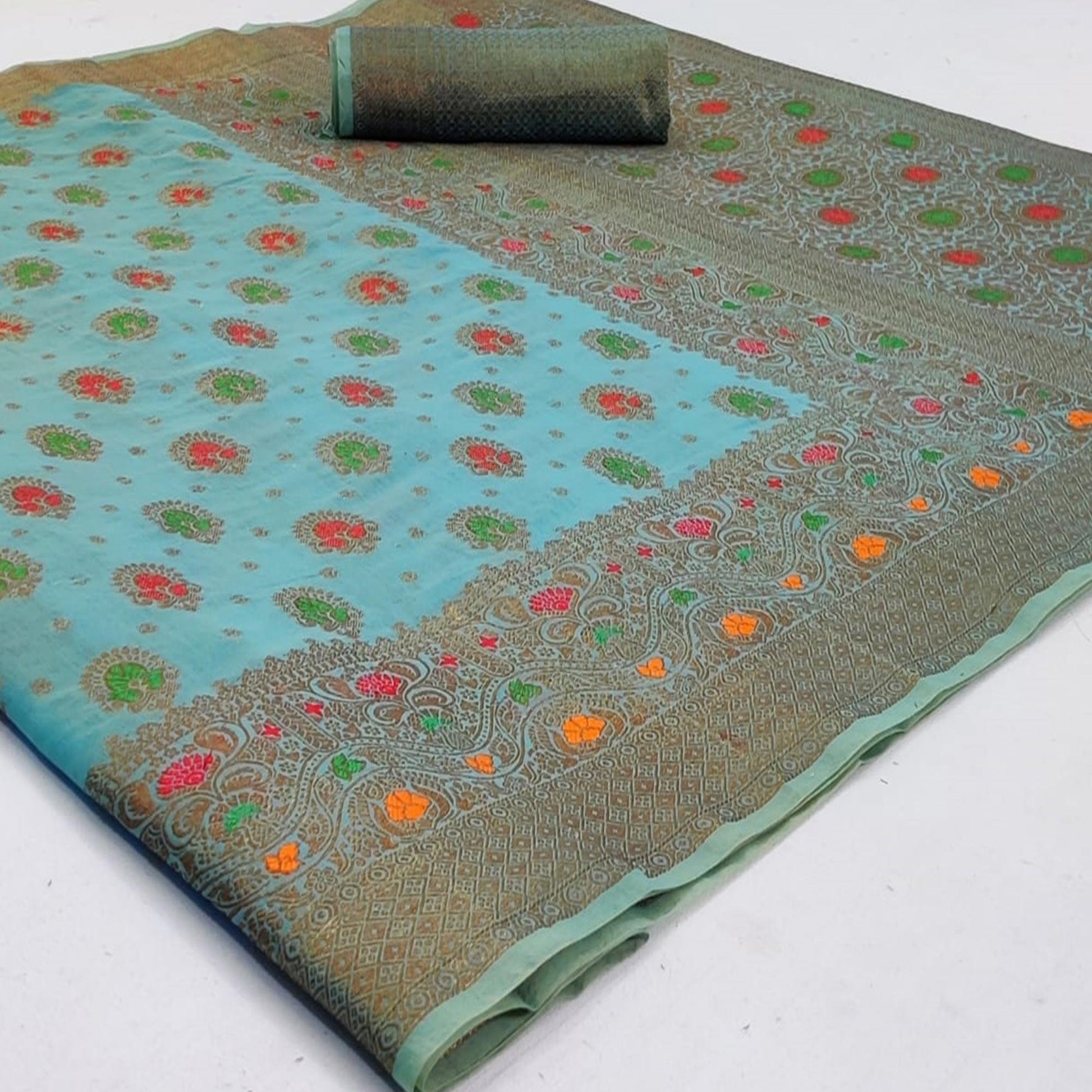 Desirable Sky Blue Colored Festive Wear Woven Cotton Saree