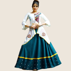 Desirable Teal Blue-White Colored Party Wear Embroidered Rayon Lehenga