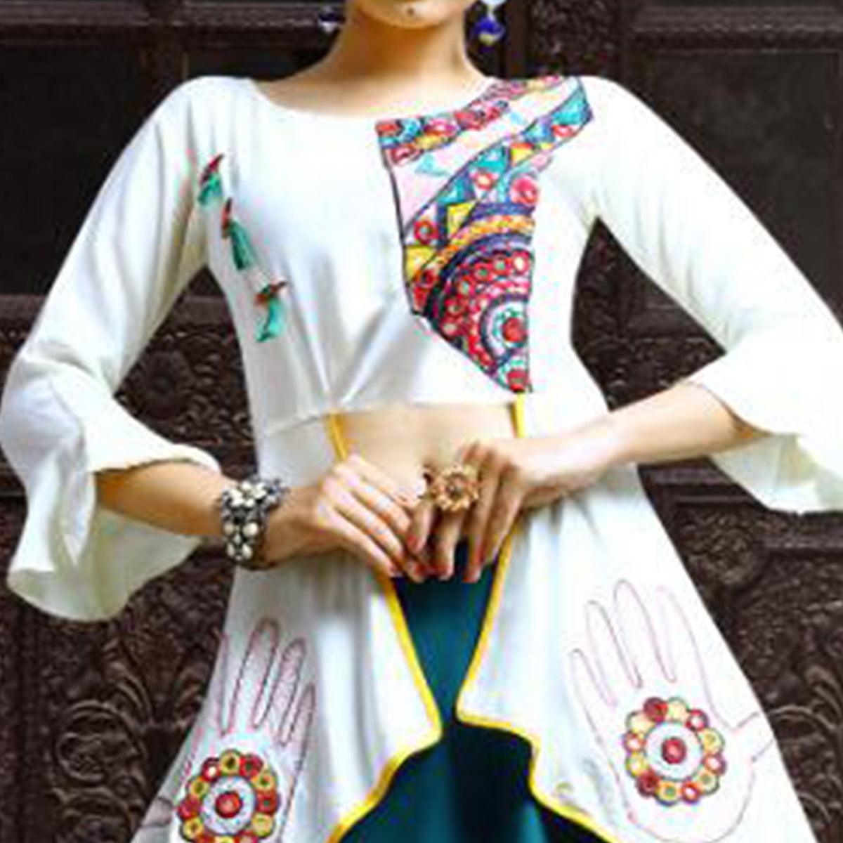 Desirable Teal Blue-White Colored Party Wear Embroidered Rayon Lehenga