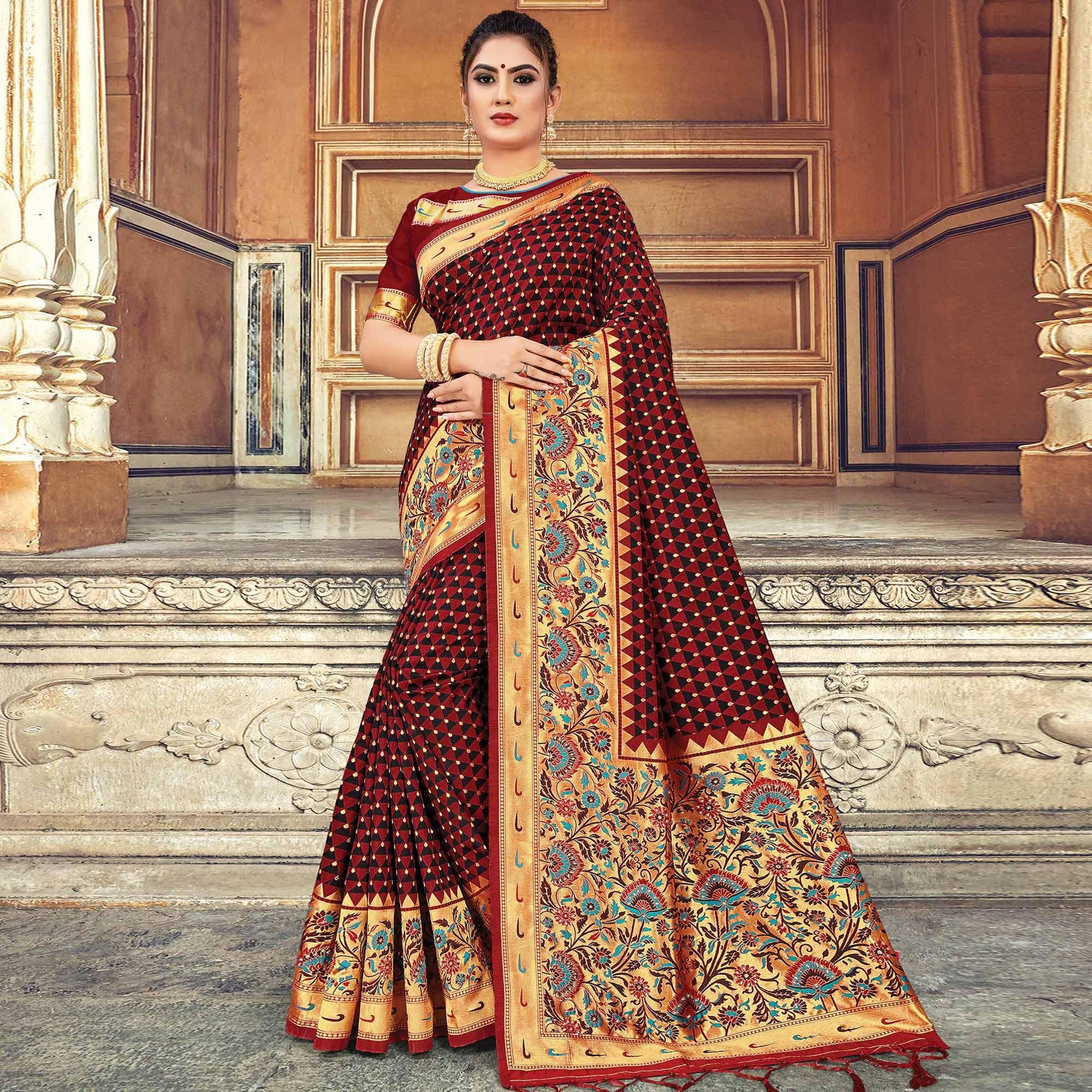 Desirable Turquoise Blue Colored Festive Wear Woven Silk Saree