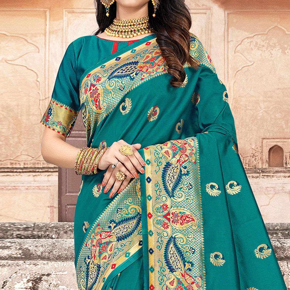 Desirable Turquoise Blue Colored Festive Wear Woven Silk Saree