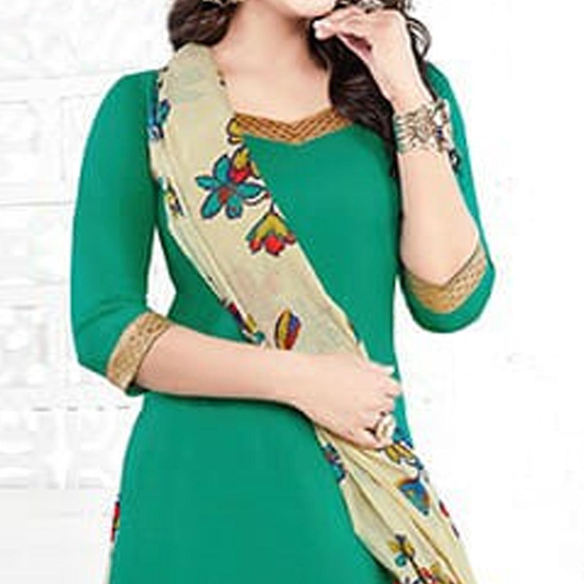 Desirable Turquoise Green Colored Casual Printed Crepe Patiala Dress Material