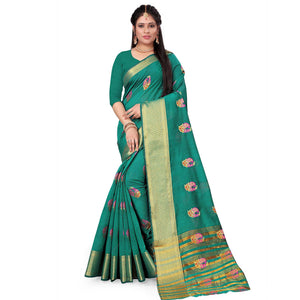 Desirable Turquoise Green Colored Festive Wear Woven Cotton Silk Saree