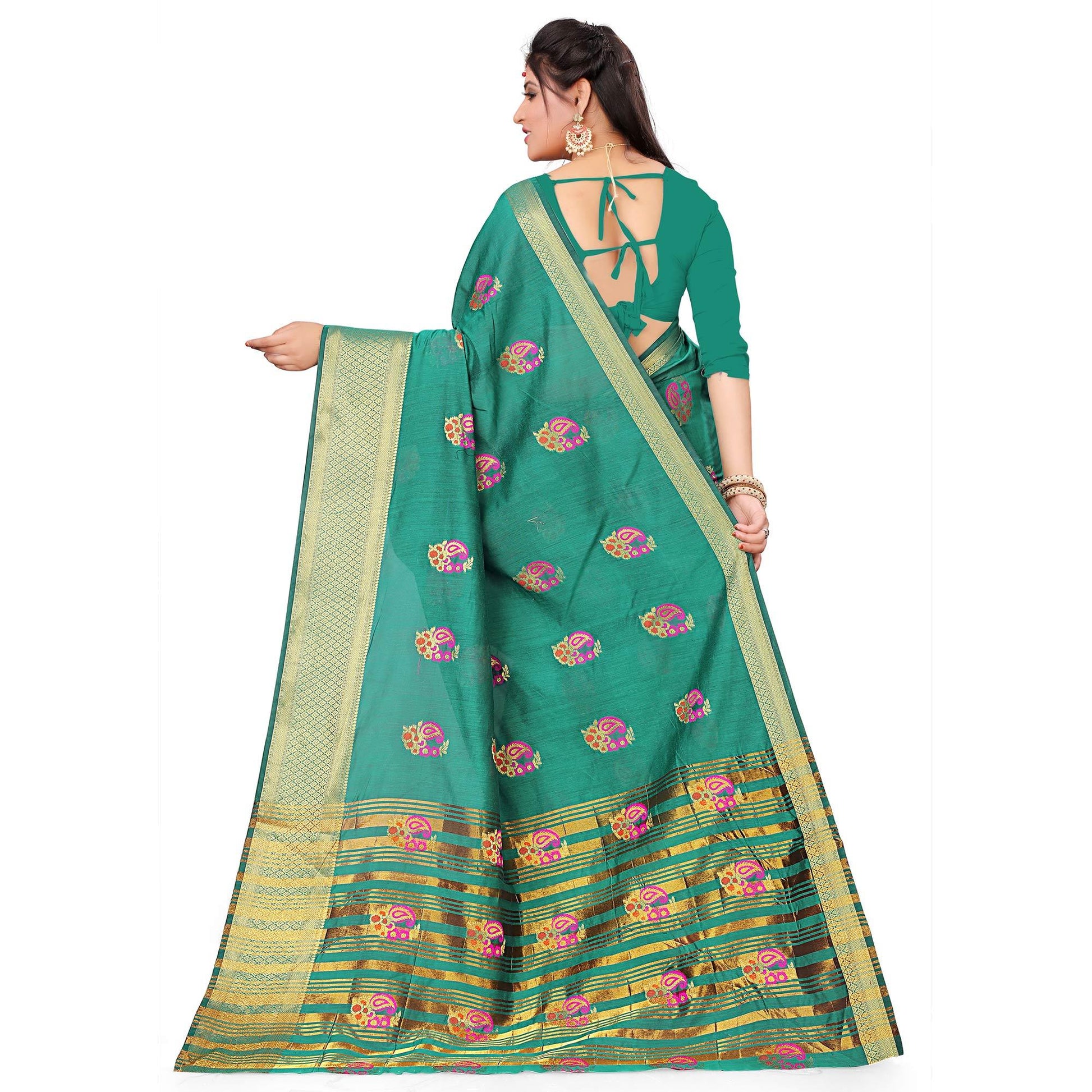 Desirable Turquoise Green Colored Festive Wear Woven Cotton Silk Saree