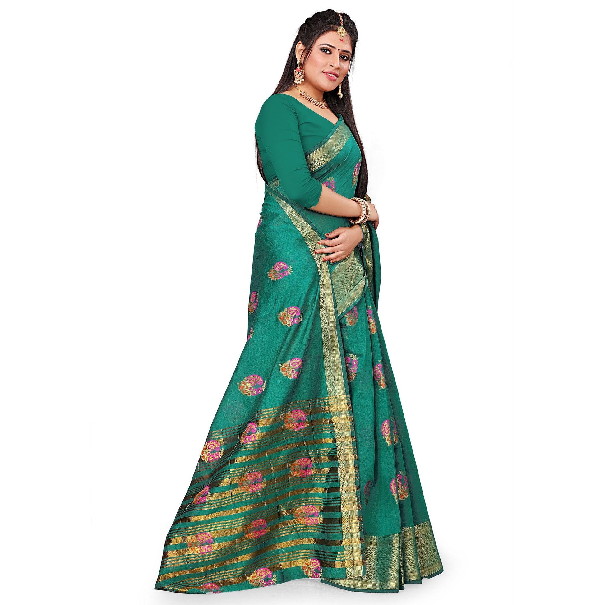 Desirable Turquoise Green Colored Festive Wear Woven Cotton Silk Saree