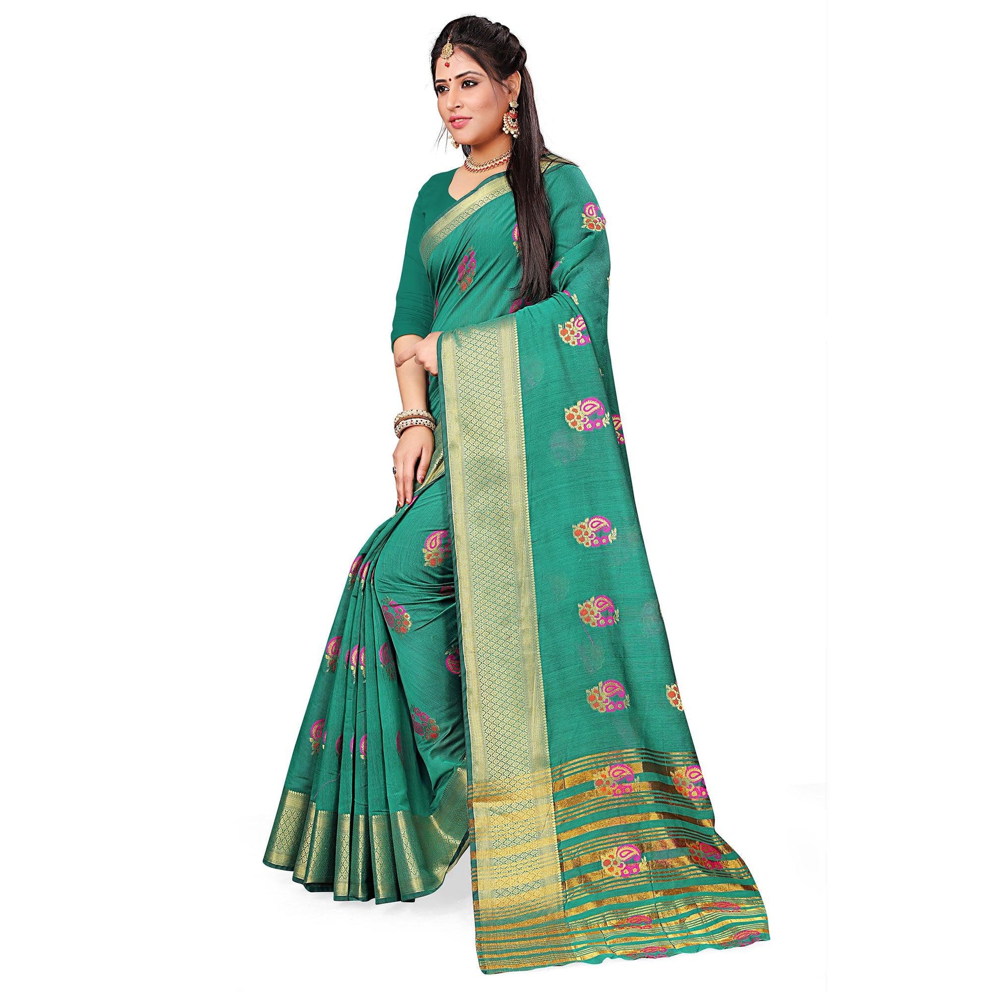Desirable Turquoise Green Colored Festive Wear Woven Cotton Silk Saree