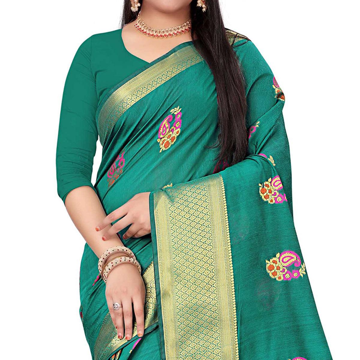 Desirable Turquoise Green Colored Festive Wear Woven Cotton Silk Saree
