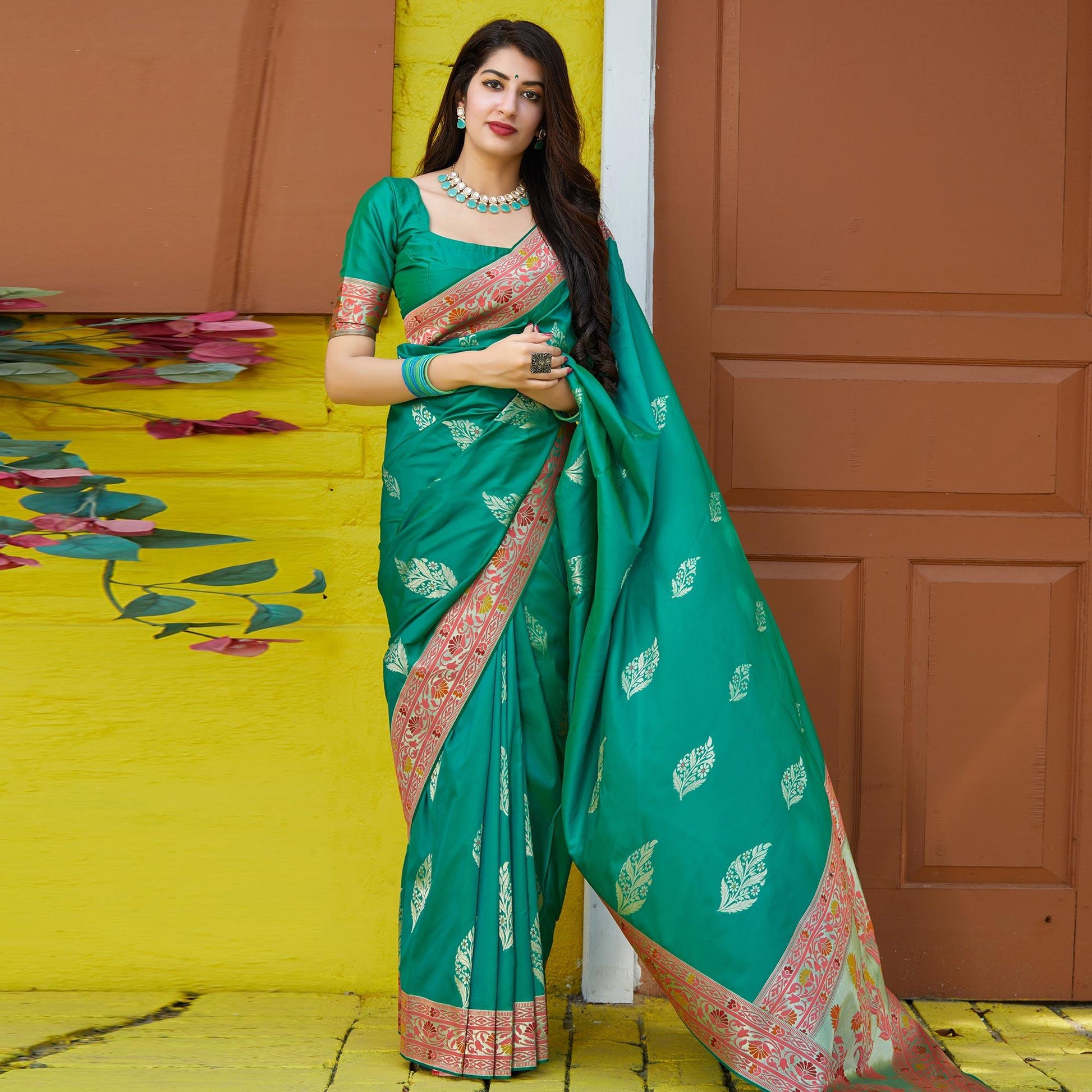 Desirable Turquoise Green Colored Festive Wear Woven Soft Silk Saree