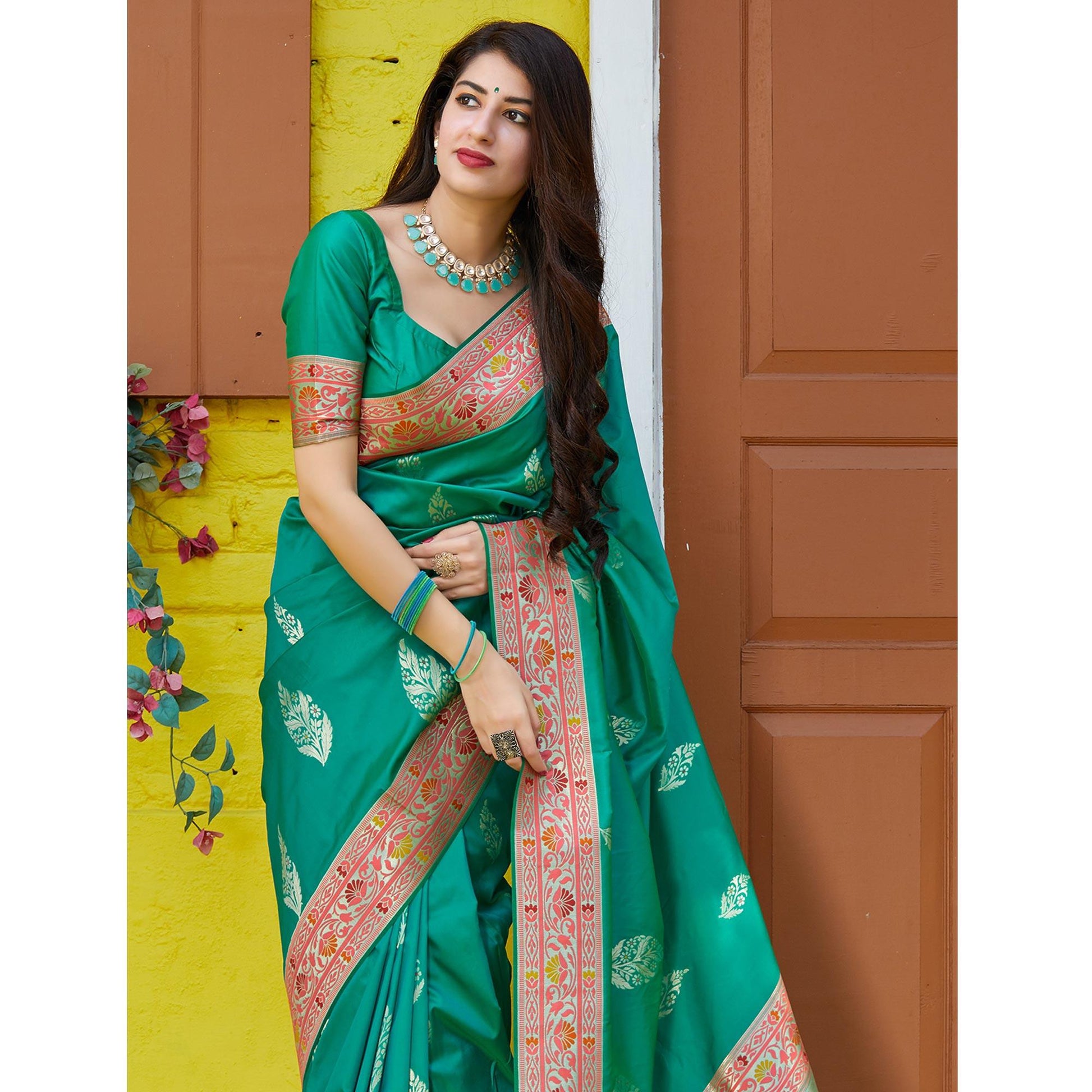 Desirable Turquoise Green Colored Festive Wear Woven Soft Silk Saree