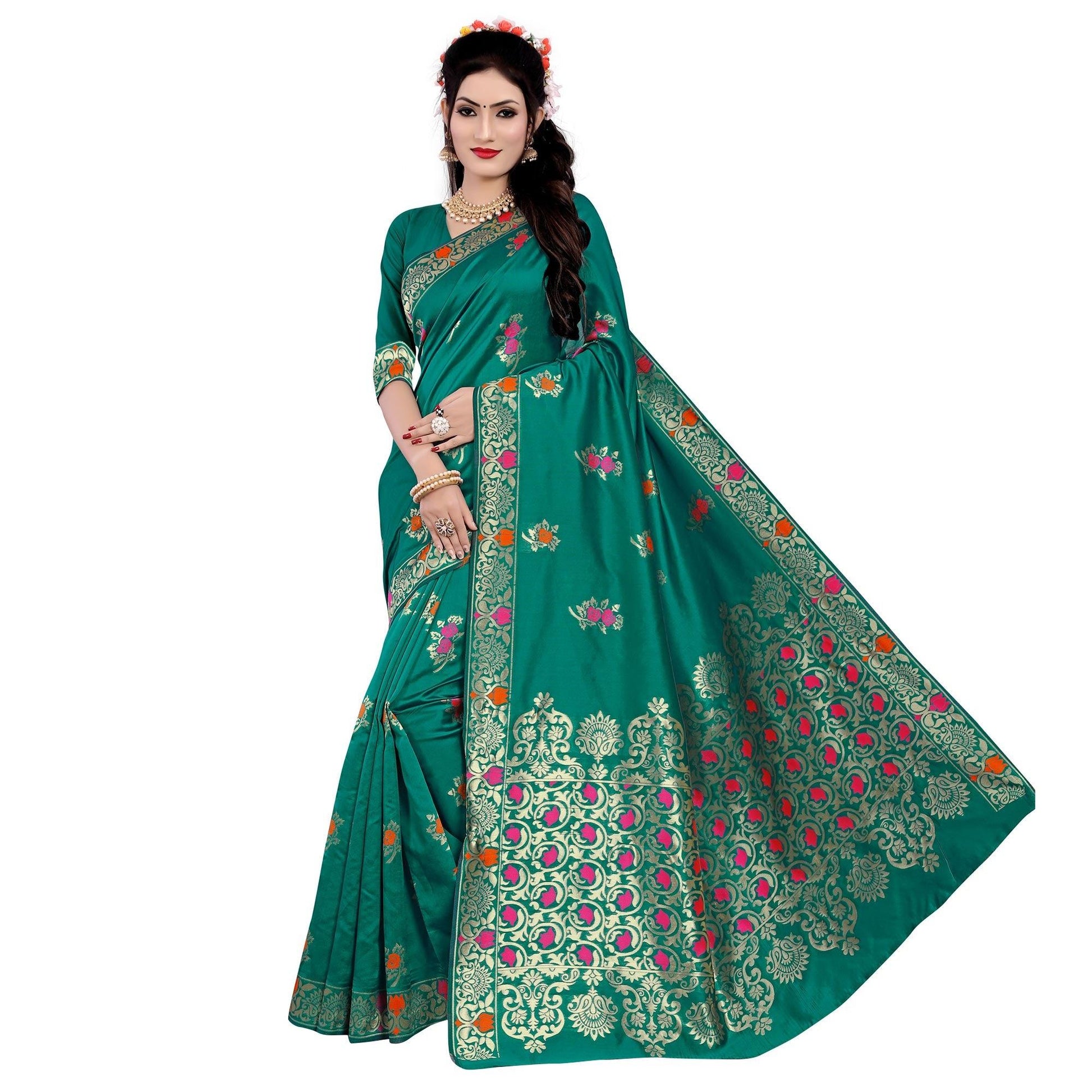 Desirable Turquoise Green Colored Festive Wear Woven Work Banarasi Silk Saree