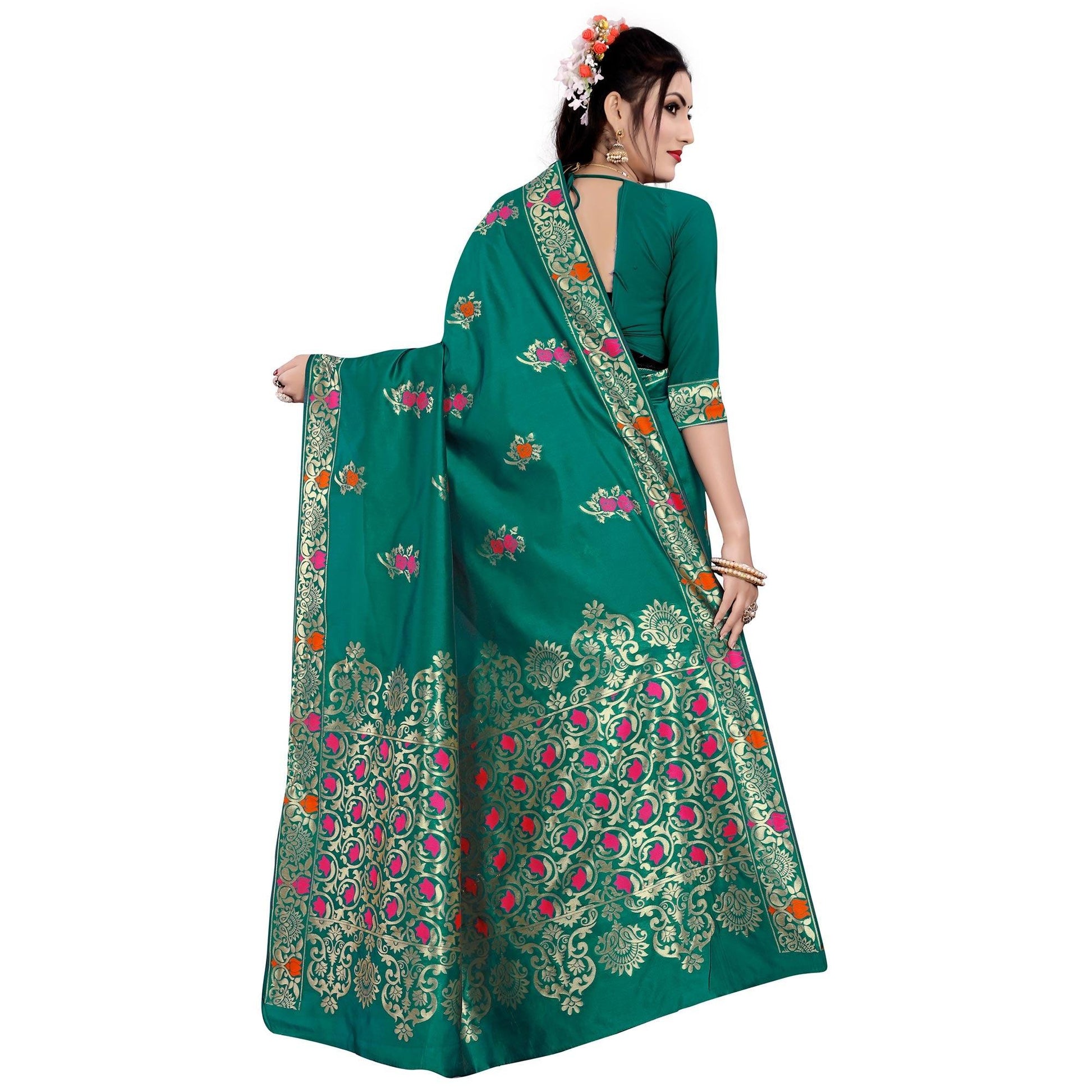 Desirable Turquoise Green Colored Festive Wear Woven Work Banarasi Silk Saree