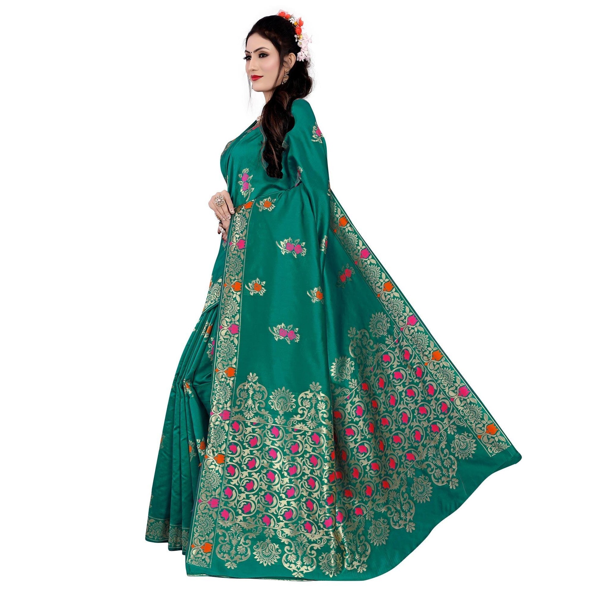 Desirable Turquoise Green Colored Festive Wear Woven Work Banarasi Silk Saree