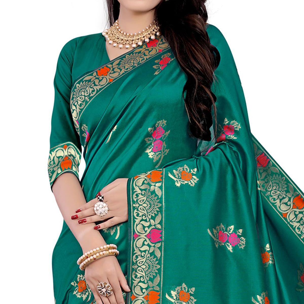 Desirable Turquoise Green Colored Festive Wear Woven Work Banarasi Silk Saree