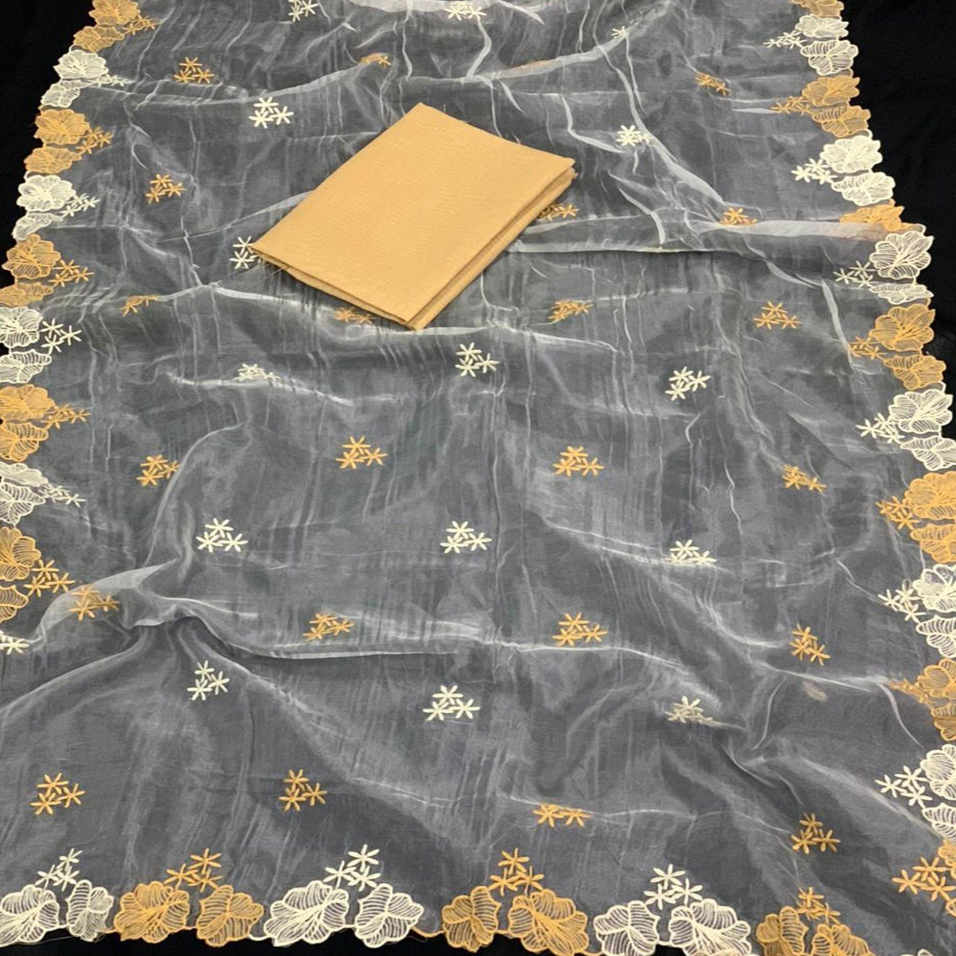 Desirable White - Beige Colored Partywear Embroidered Pure Organza Saree