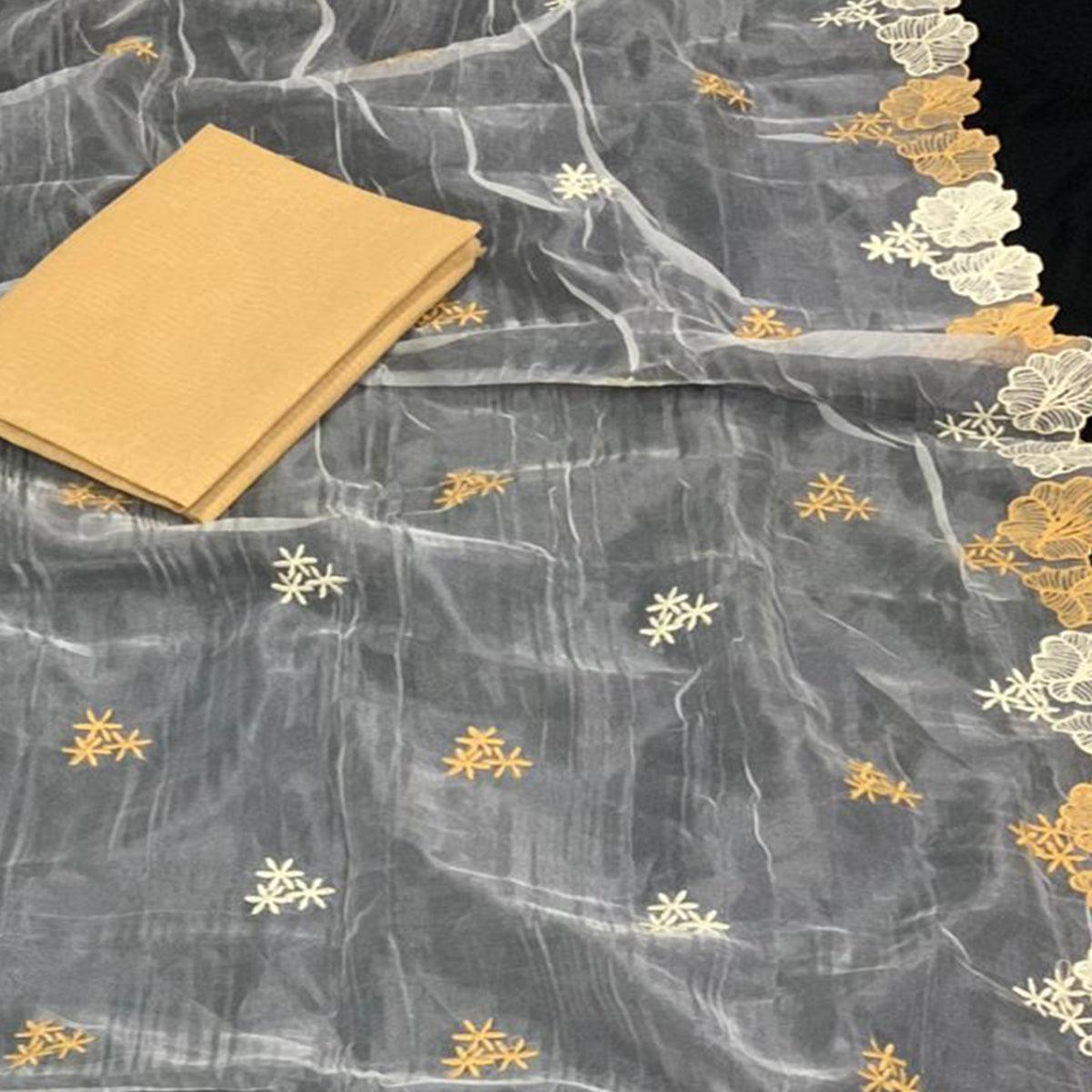 Desirable White - Beige Colored Partywear Embroidered Pure Organza Saree