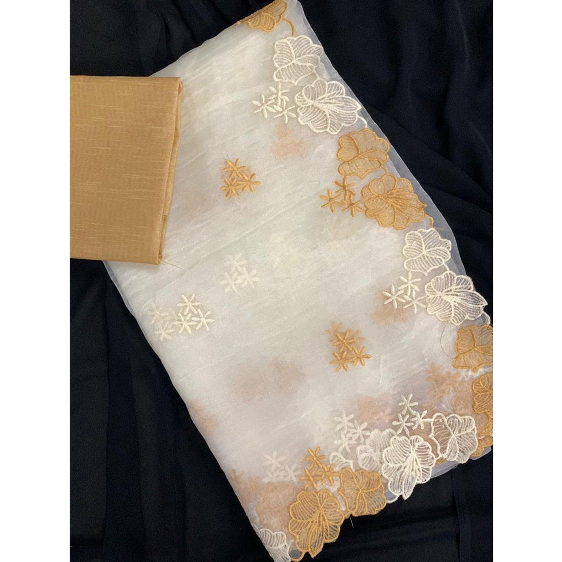 Desirable White - Beige Colored Partywear Embroidered Pure Organza Saree