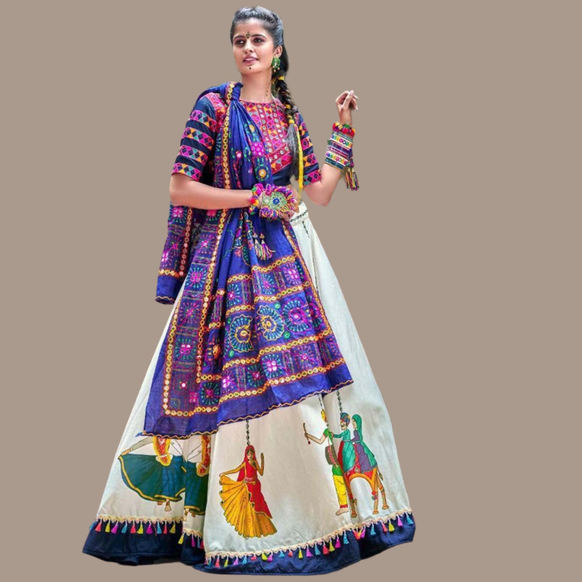 Desirable White-Blue Colored Party Wear Embroidered Soft Cotton Navratri Lehenga Choli