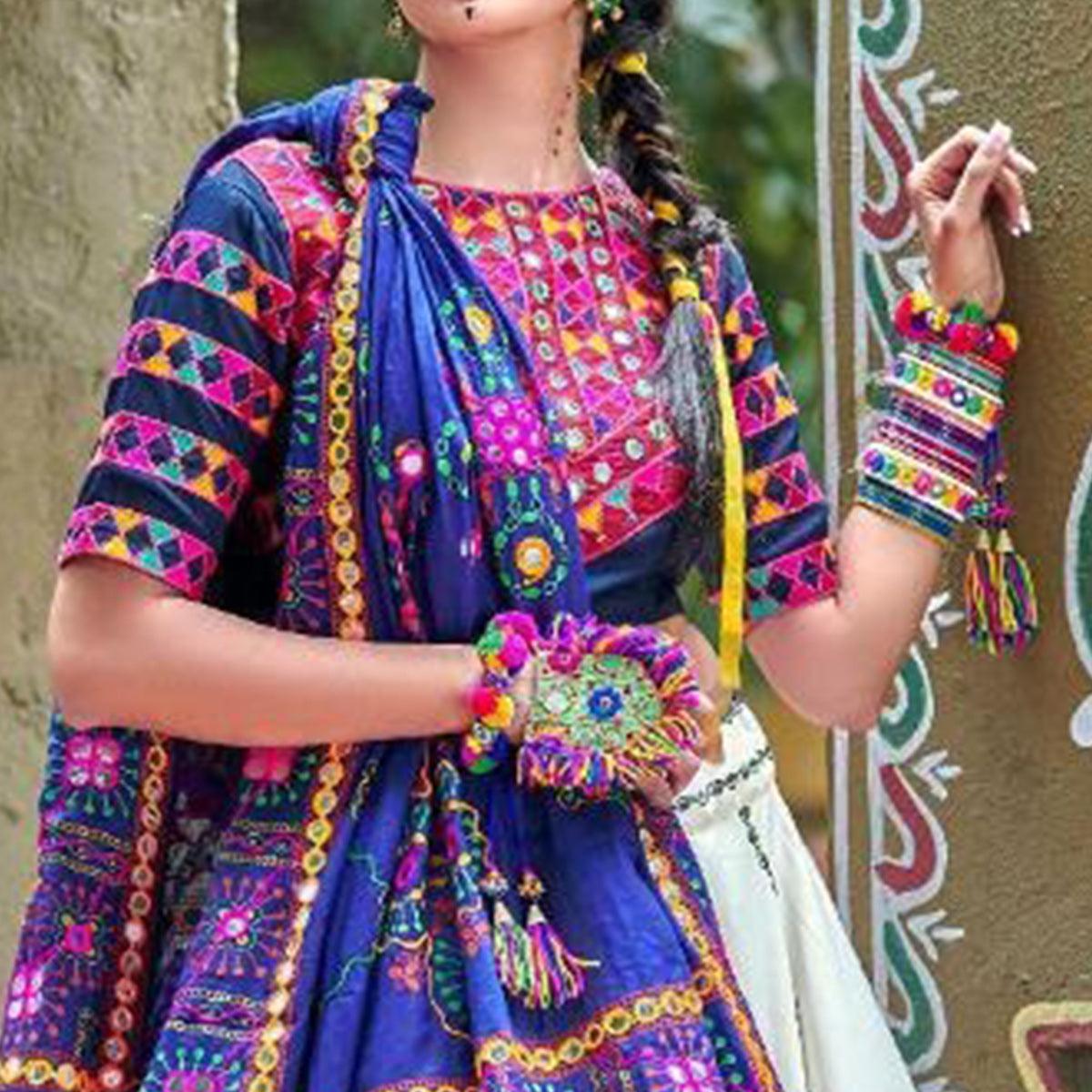 Desirable White-Blue Colored Party Wear Embroidered Soft Cotton Navratri Lehenga Choli