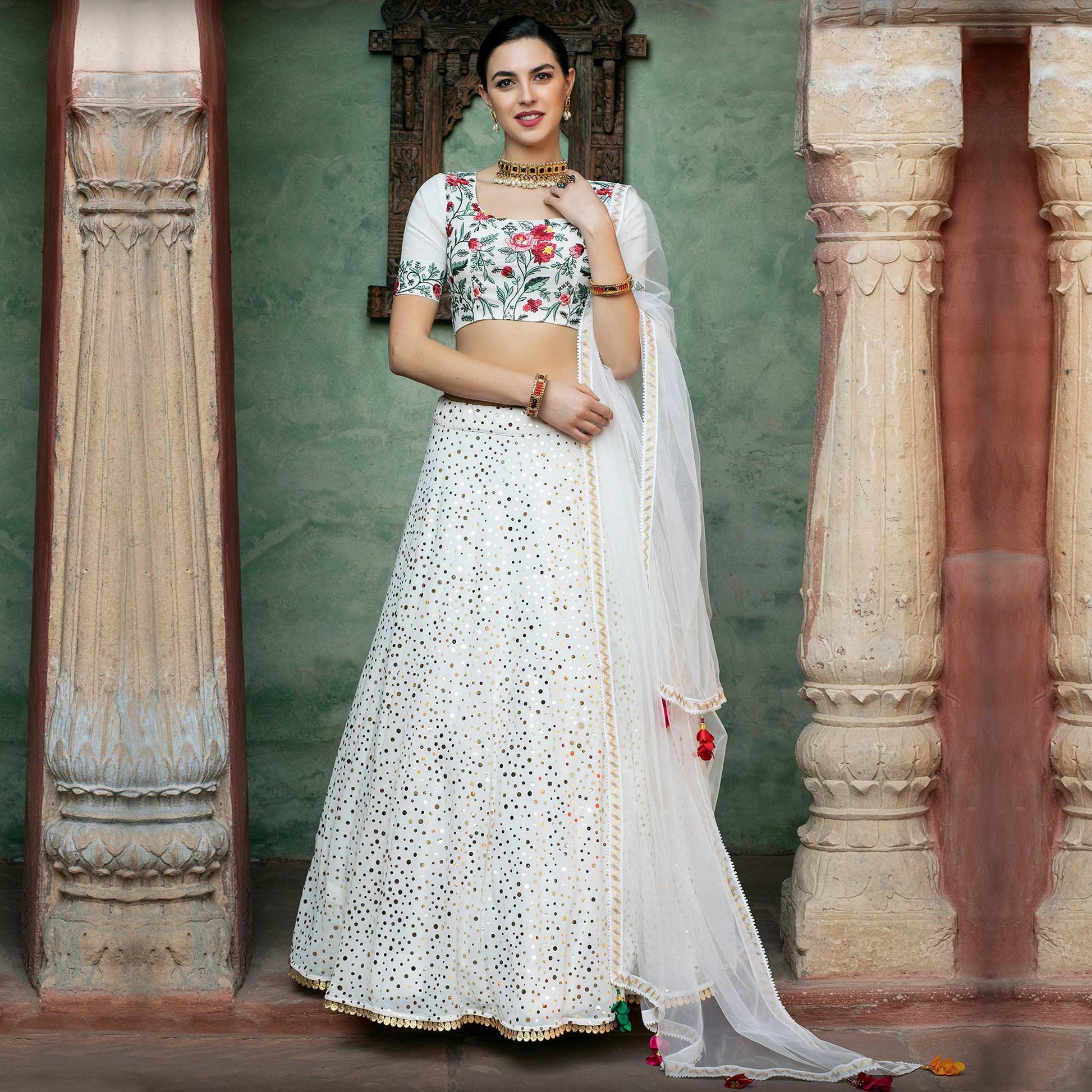 Desirable White Coloured Festive Wear Fancy Sequins Work Georgette Lehenga Choli