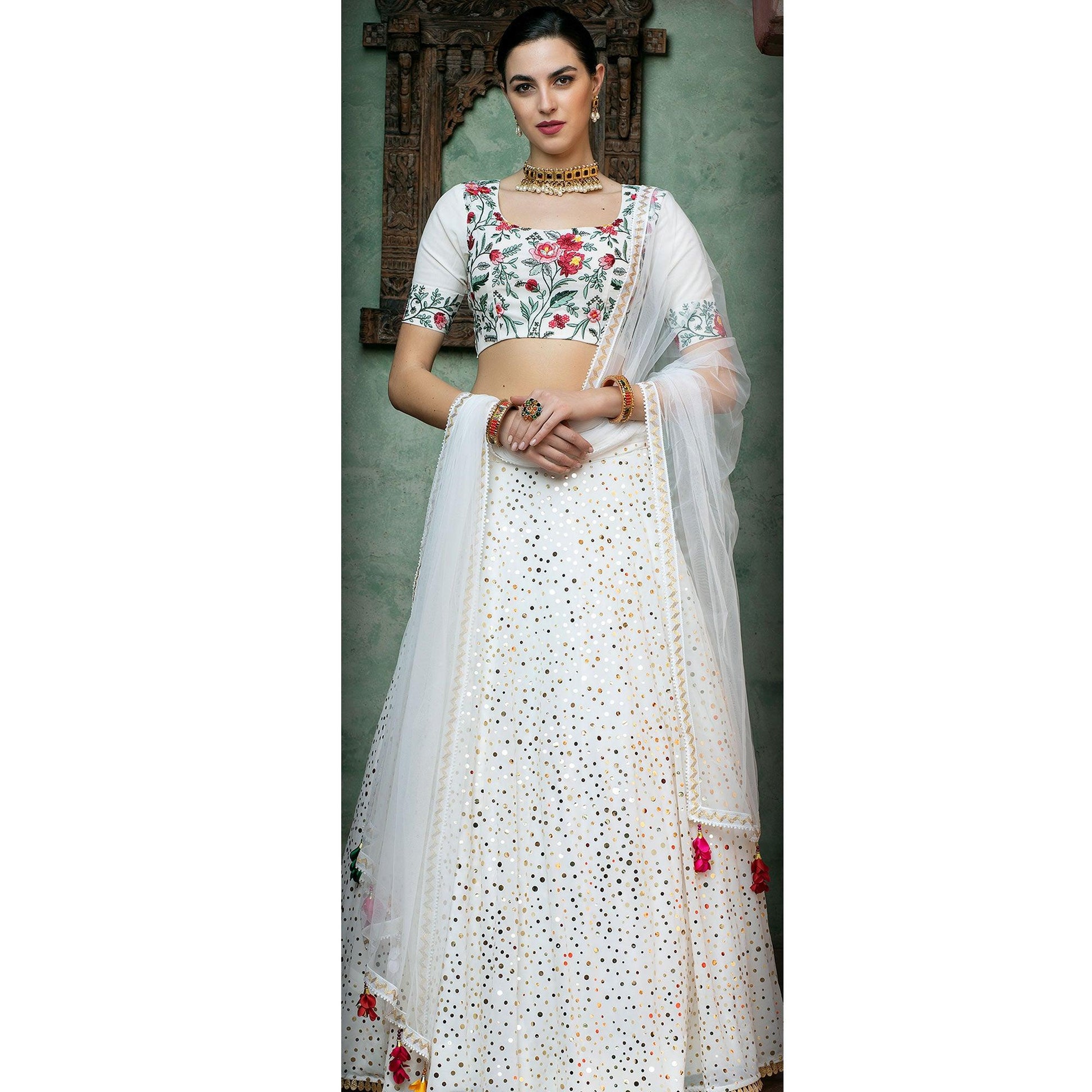 Desirable White Coloured Festive Wear Fancy Sequins Work Georgette Lehenga Choli