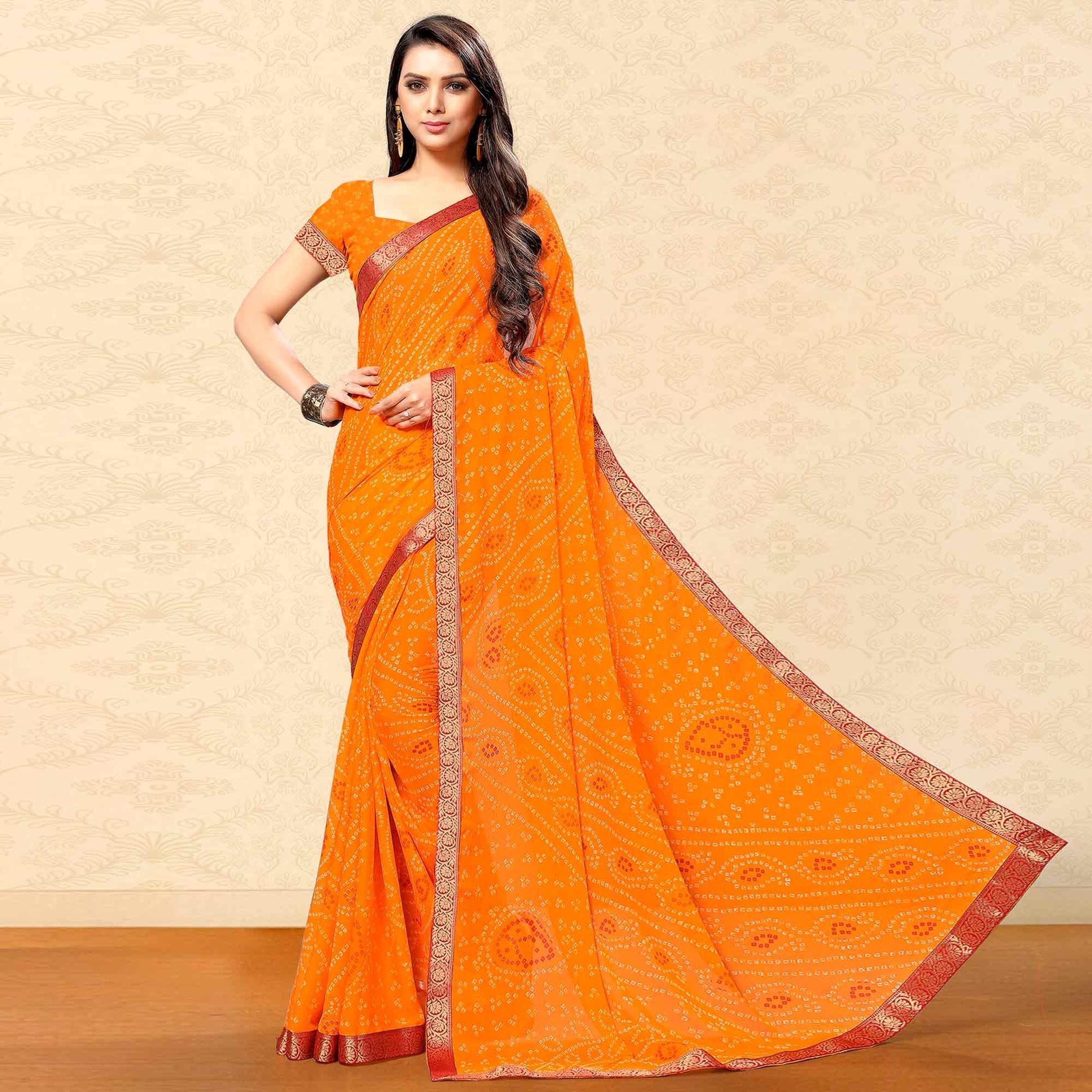 Desirable Yellow Colored Casual Wear Bandhani Printed Chiffon Saree