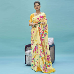 Desirable Yellow Colored Casual Wear Digital Printed Linen Cotton Saree