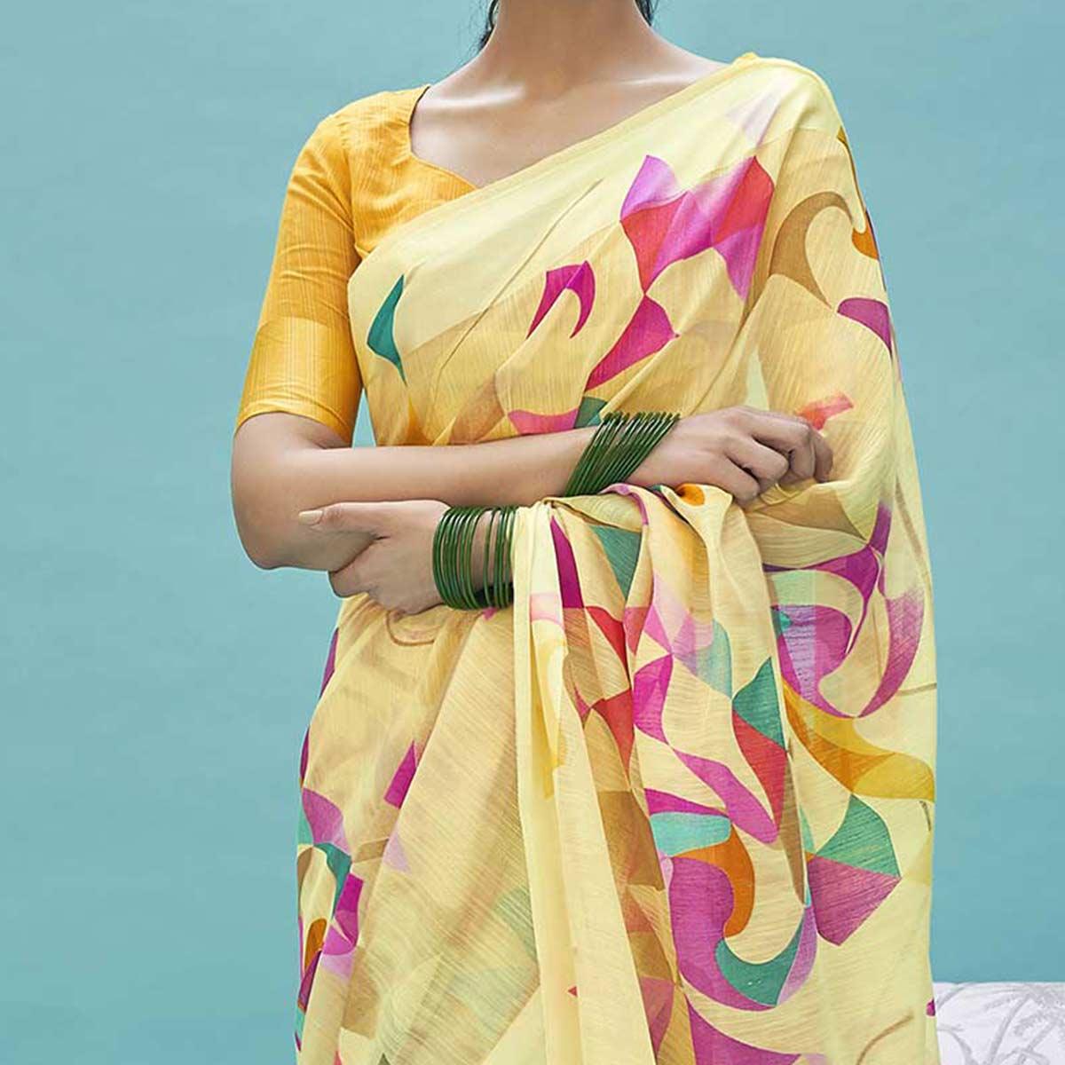 Desirable Yellow Colored Casual Wear Digital Printed Linen Cotton Saree