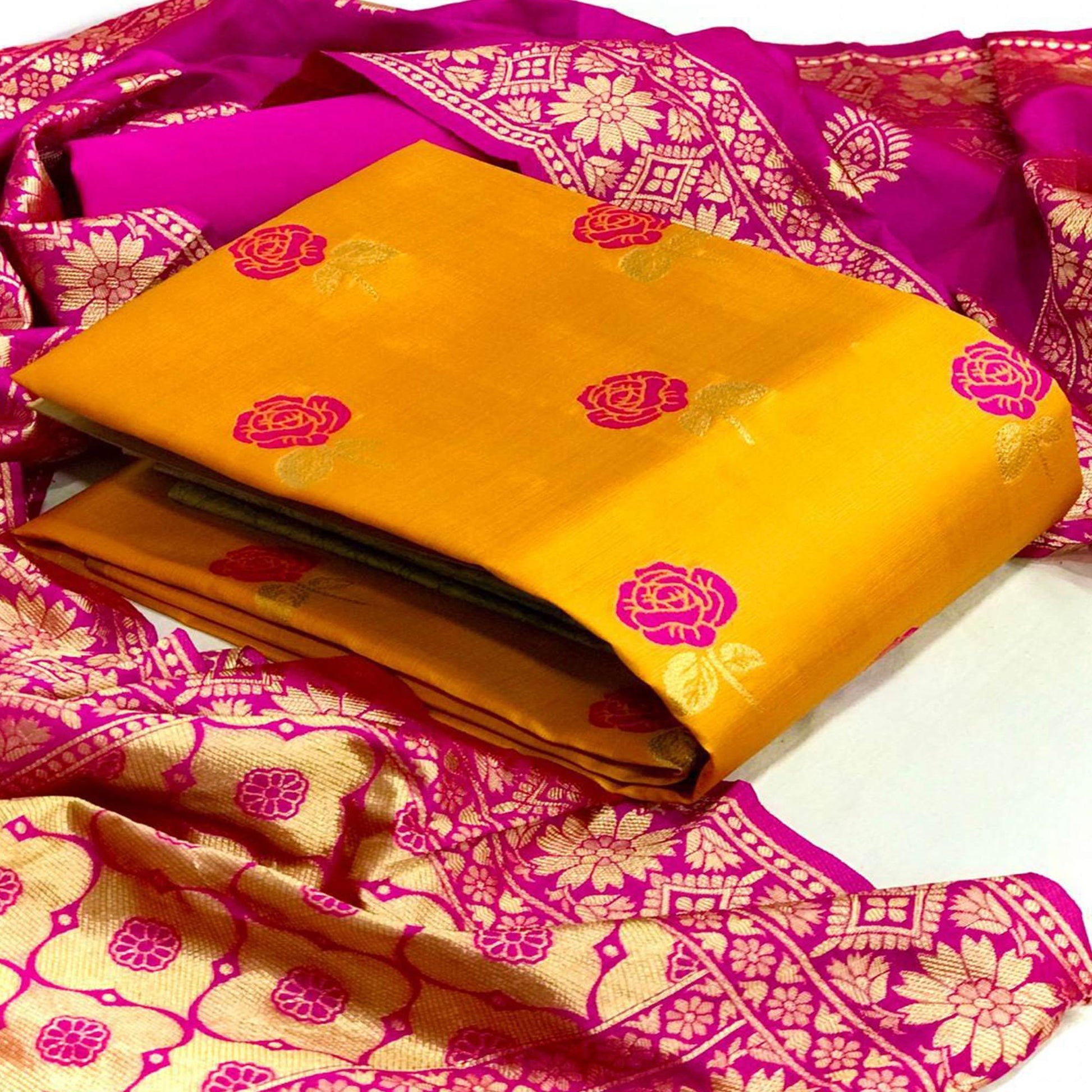 Desirable Yellow Colored Casual Woven Banarasi Silk Dress Material